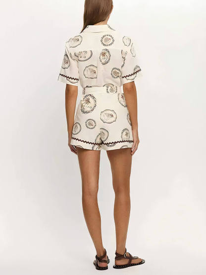 Elegant Lace-Up Linen Shell Print Cardigan Jumpsuit