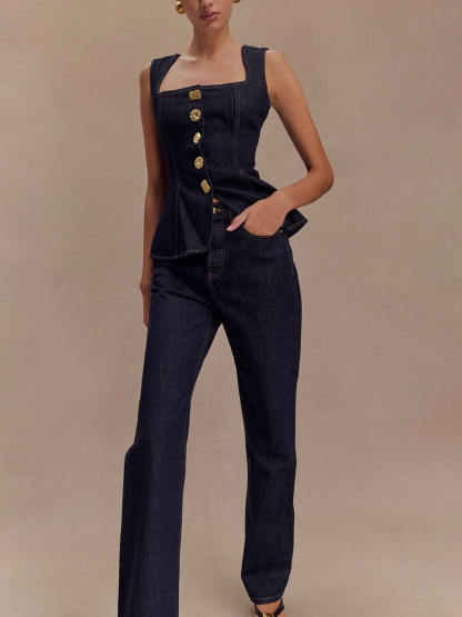 Modern Playful Unique Sleeveless Button-Down Denim Vest Top