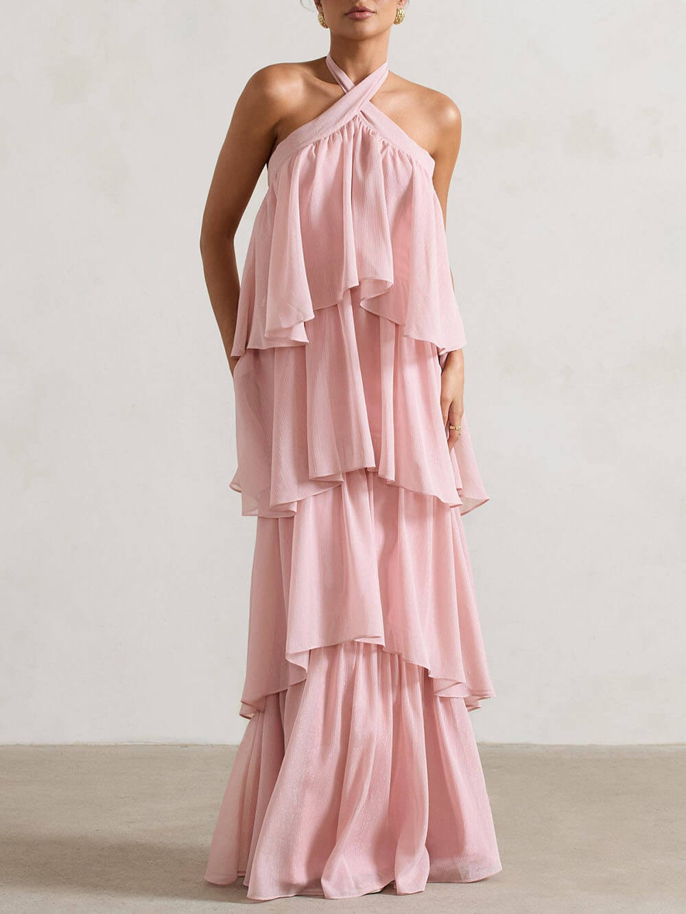 Refinement Light Pink Halter-Neck Ruffle Maxi Dress