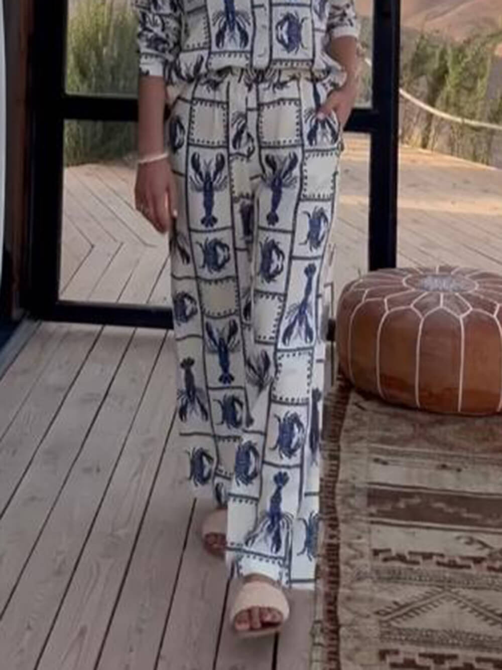 Unique Fun Lobster Pattern Printed Elastic Wide-Leg Pants