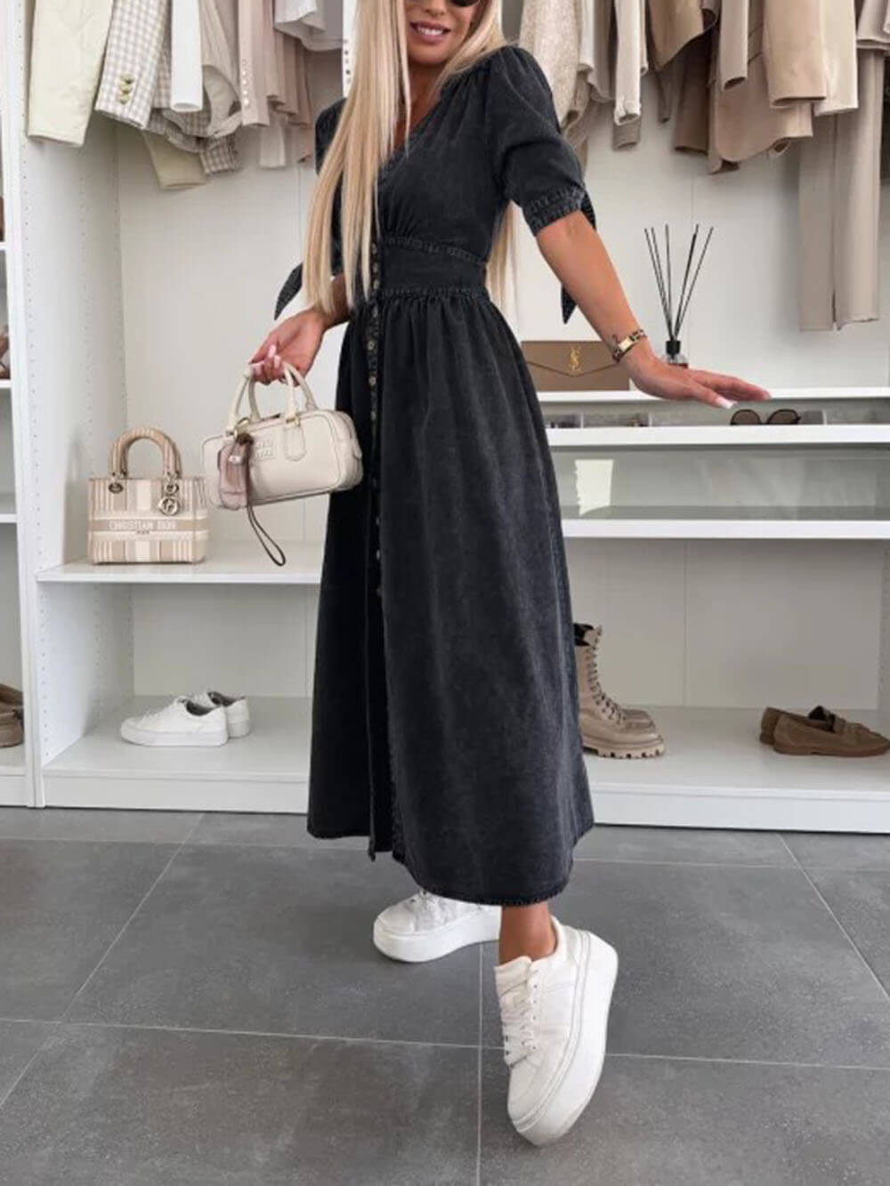 Unique Pleats Solid Color V-Neck Button-Down Denim Midi Dress