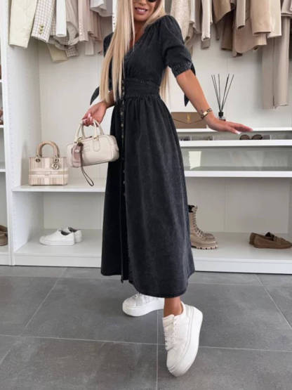 Unique Pleats Solid Color V-Neck Button-Down Denim Midi Dress