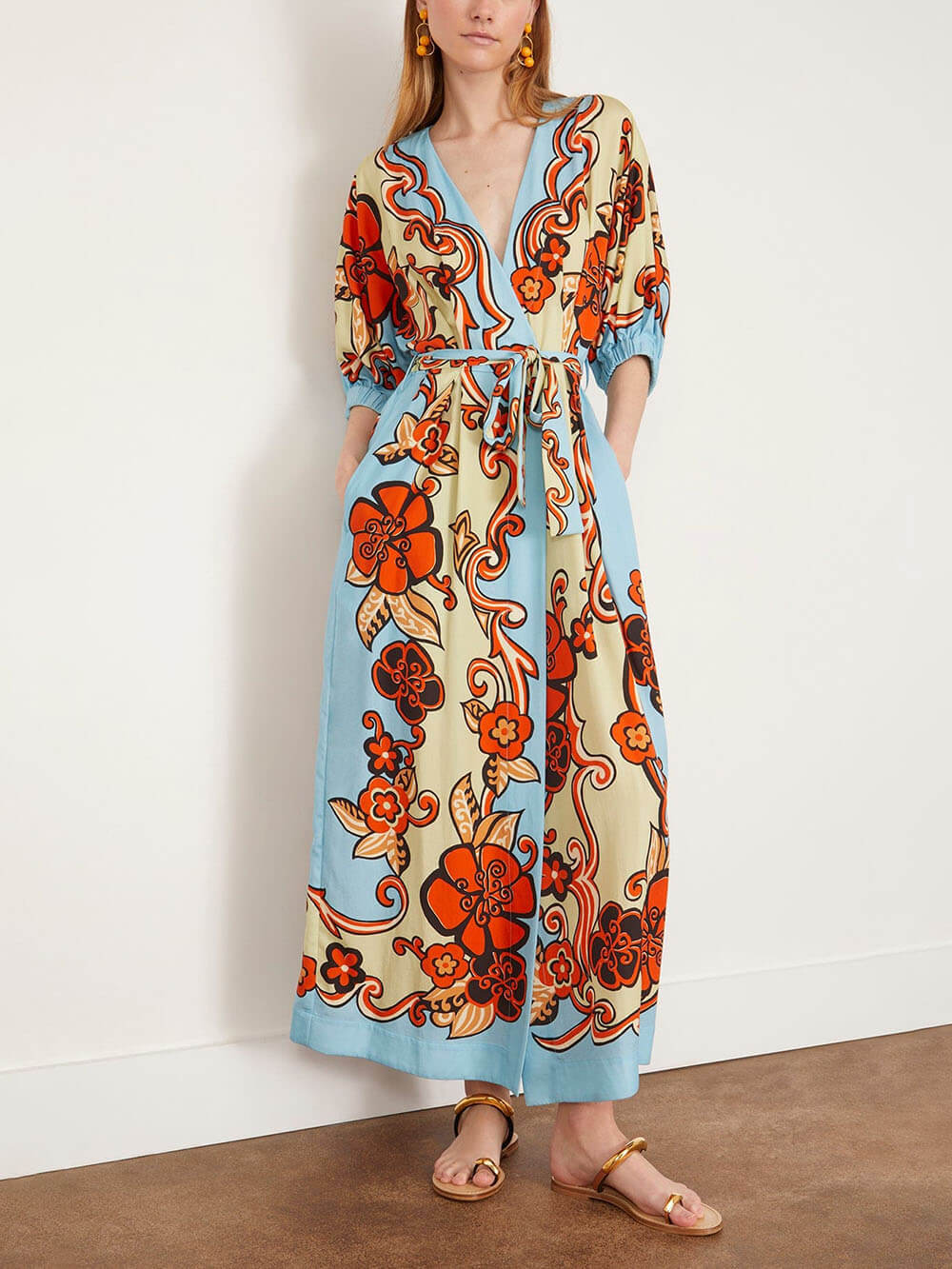 Fashionable Satin Unique Sky Color Print Loose Lace Maxi Dress