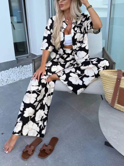 Modern Casual Satin Floral Print High Waist Pocket Wide Leg Pants