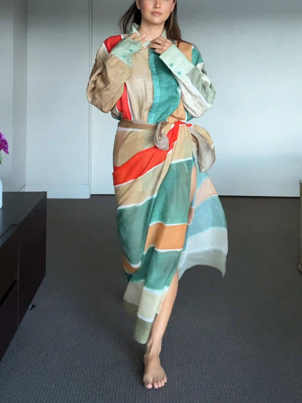 Classic Unique Linen Wide Stripe Print Square Versatile Skirt