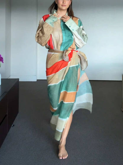 Classic Unique Linen Wide Stripe Print Square Versatile Skirt
