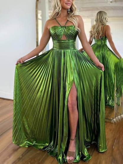 Elegant Queen Style Metallic Fabric Cross Neck Cutout Slit Pleated Maxi Dress