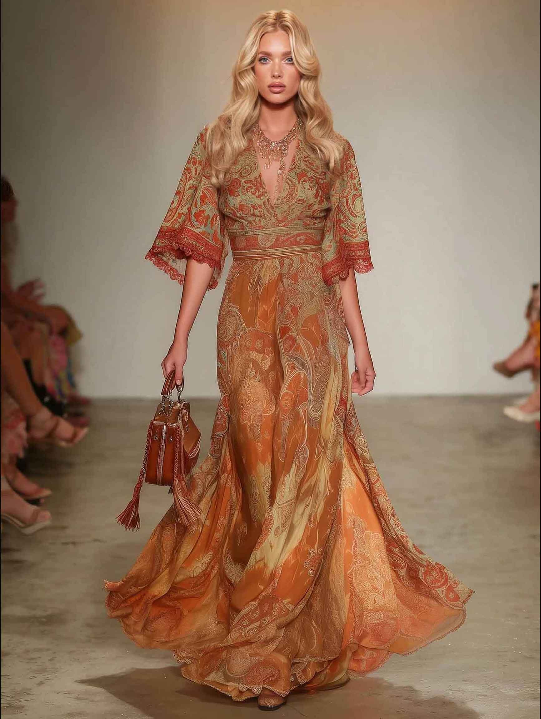 Elegant Retro Paisley Print V-Neck Maxi Dress