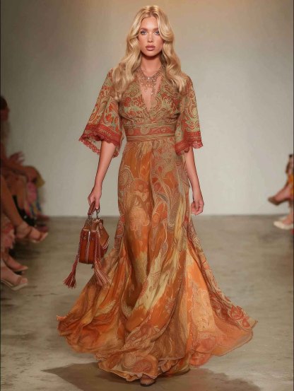 Elegant Retro Paisley Print V-Neck Maxi Dress