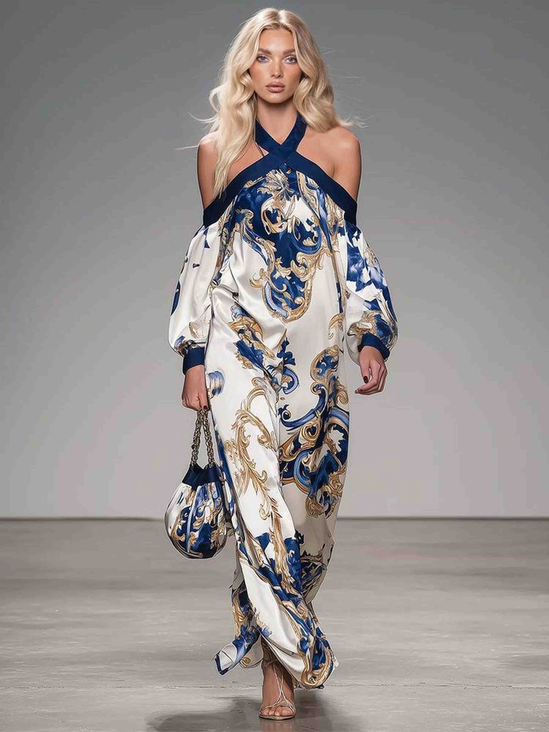 Retro Off-shoulder Printed Satin Maxi Dress