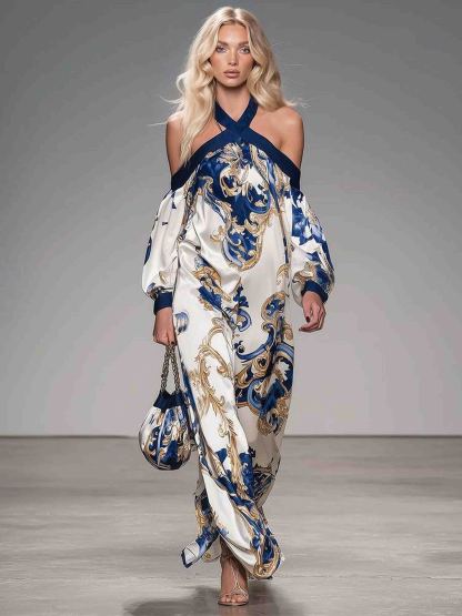 Retro Off-shoulder Printed Satin Maxi Dress