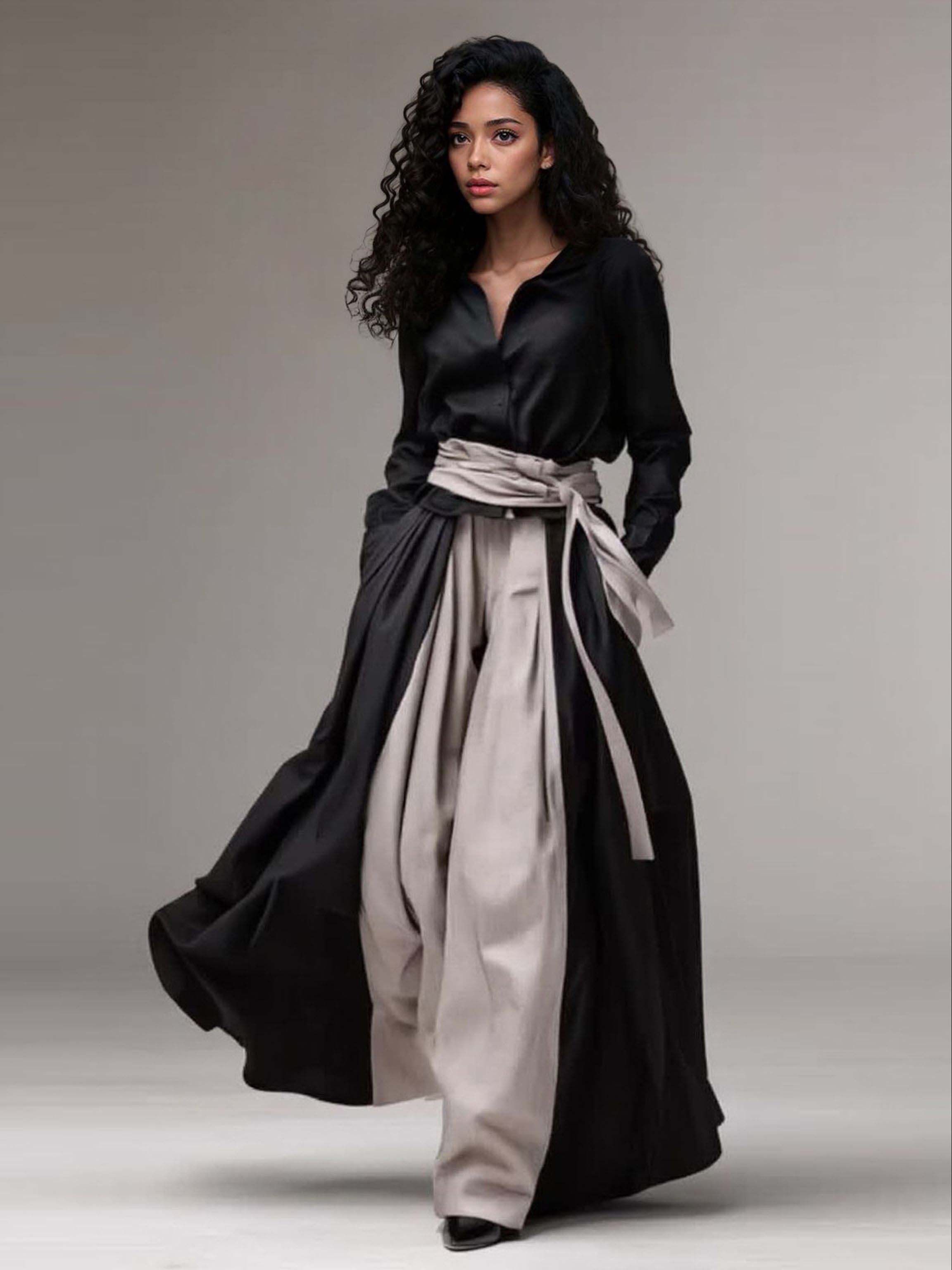 Elegant Contrast-Waist Shirt & Wide-Leg Pants Two-Piece Set