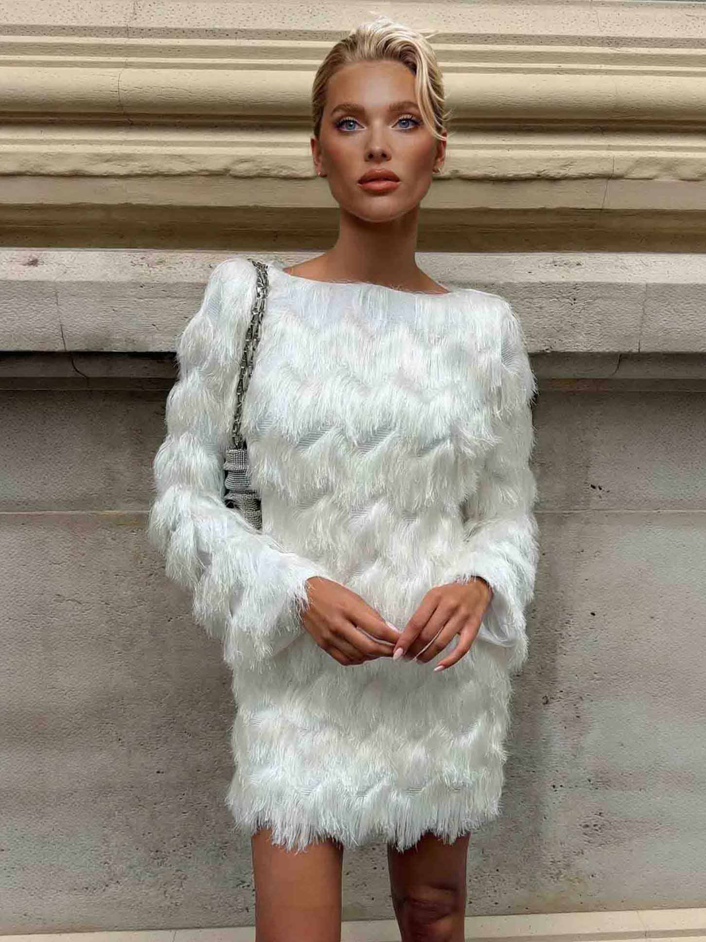 Elegant Textured Fringe Long-Sleeve Mini Dress