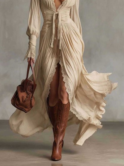 Casual Lace-Trimmed Ruffled Shirt Dress