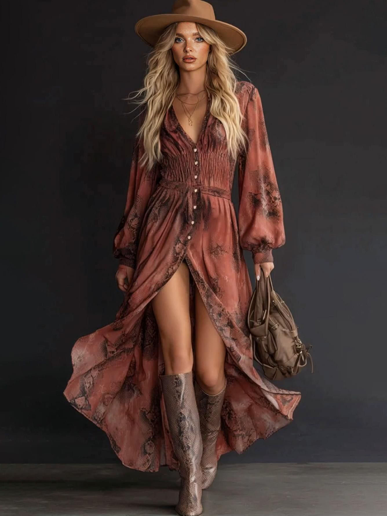 Casual V-neck Long-sleeved Floral Maxi Dress