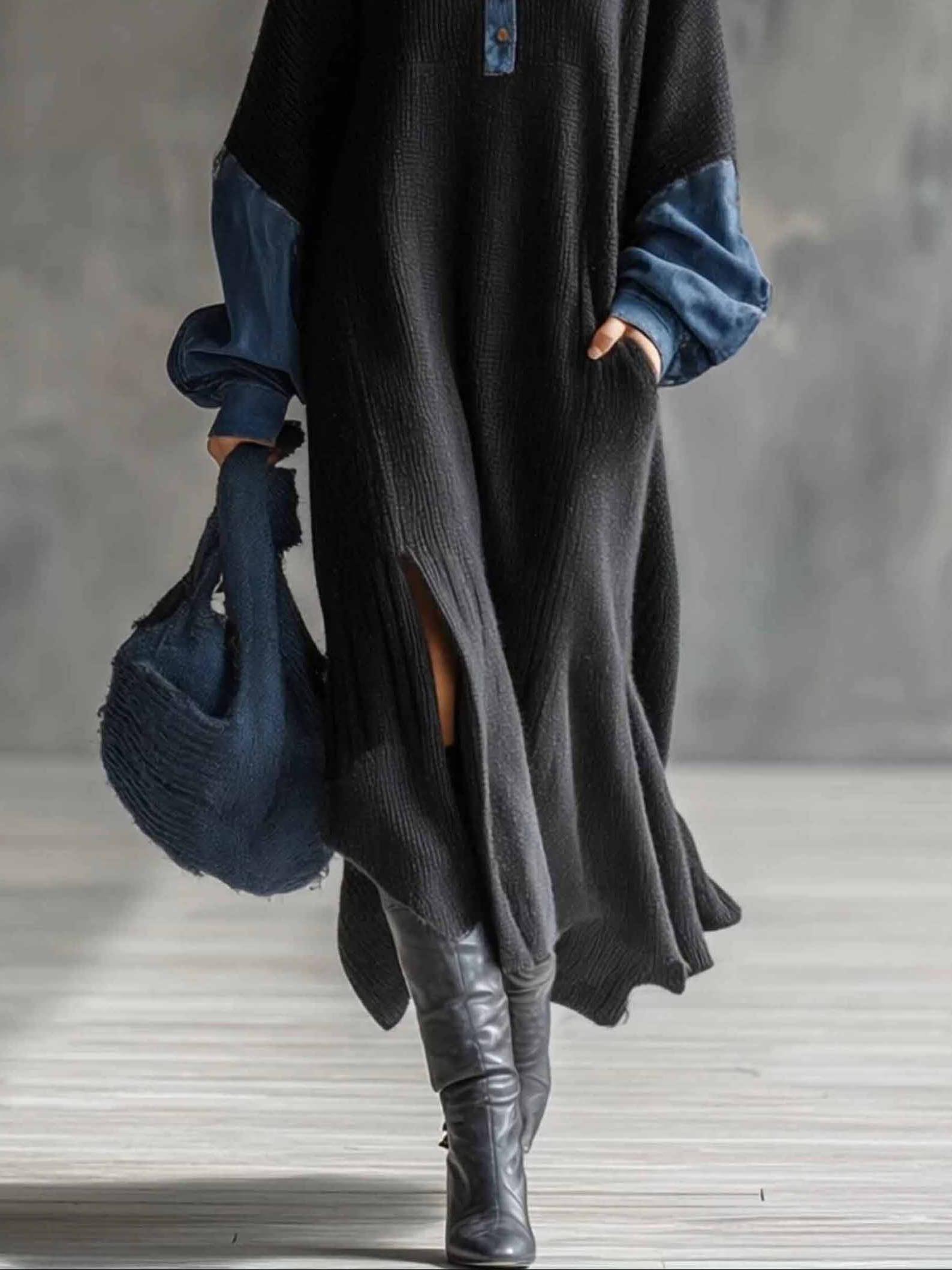 Casual Knit Denim Slit Maxi Dress