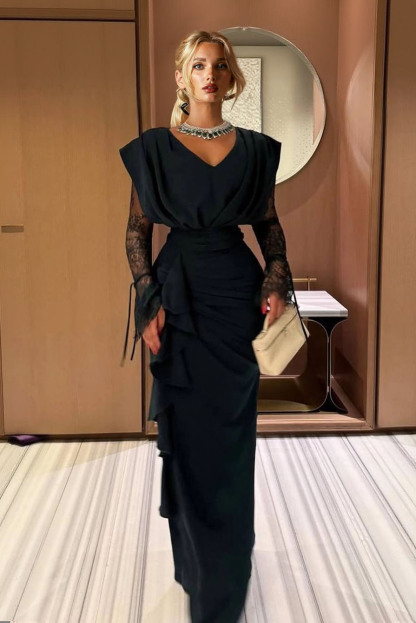 Lace-sleeve Spliced Pleated Maxi Dress