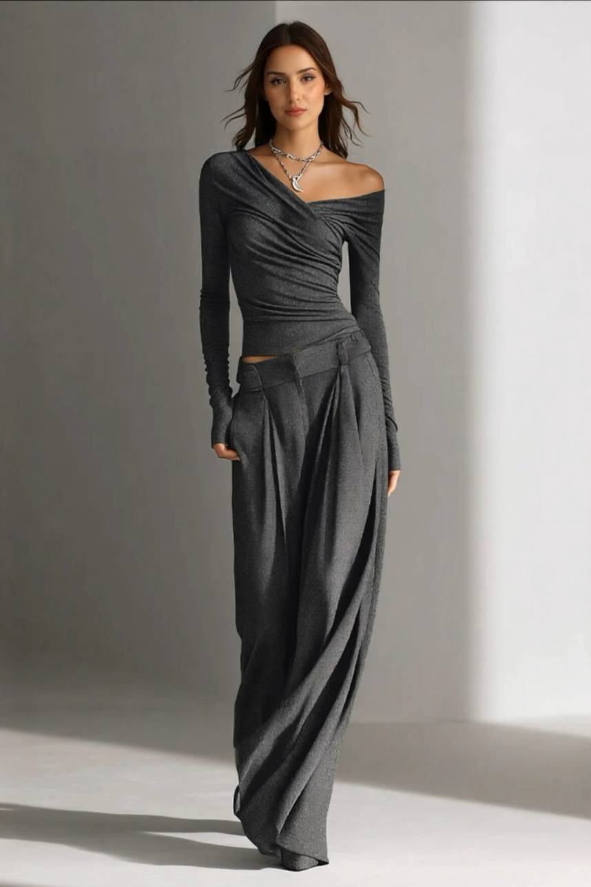 Minimalist V-Neck T-Shirt And Wide Leg Pants Set