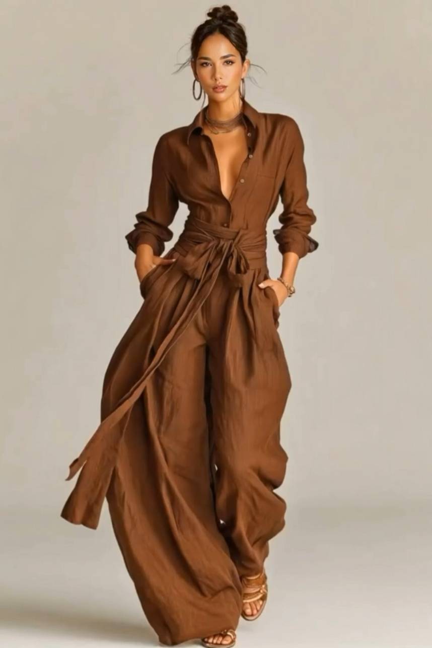 Minimalist Shirt And Lace-Up Wide-Leg Pants Set