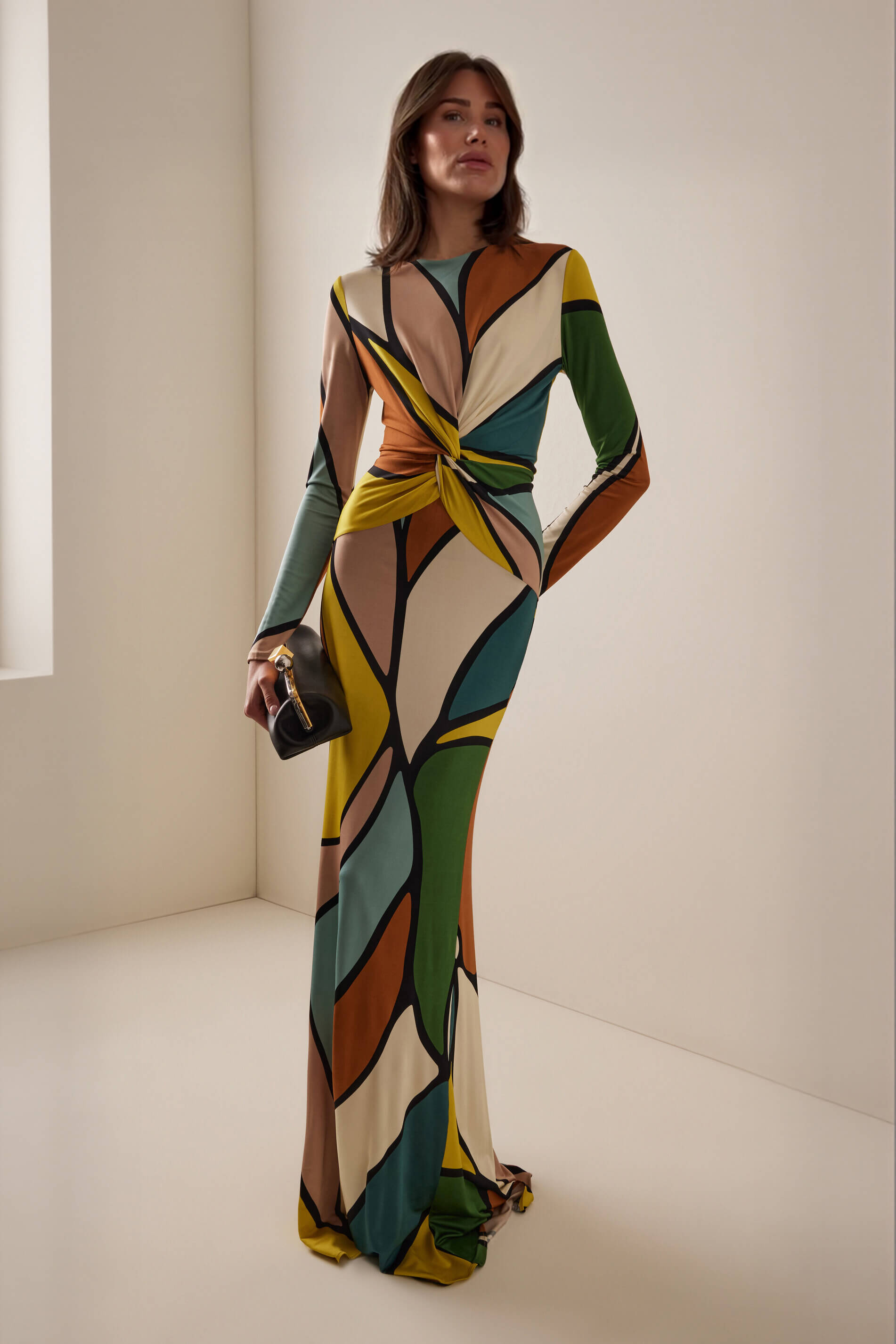 Retro Geometric Print Twisted Maxi Dress