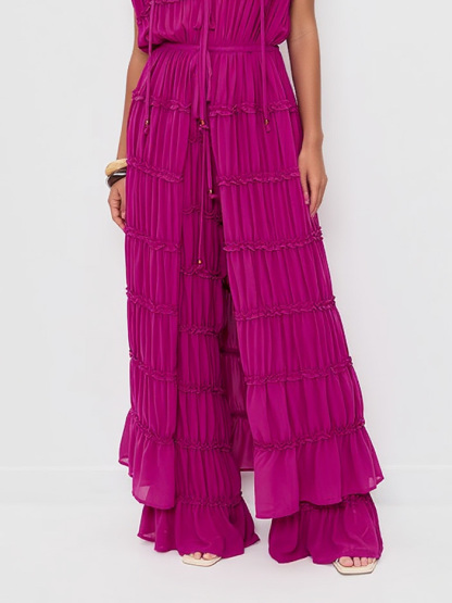 Exquisite Layered Ruffle V-Neck Top & Wide-Leg Pants Two-Piece Set