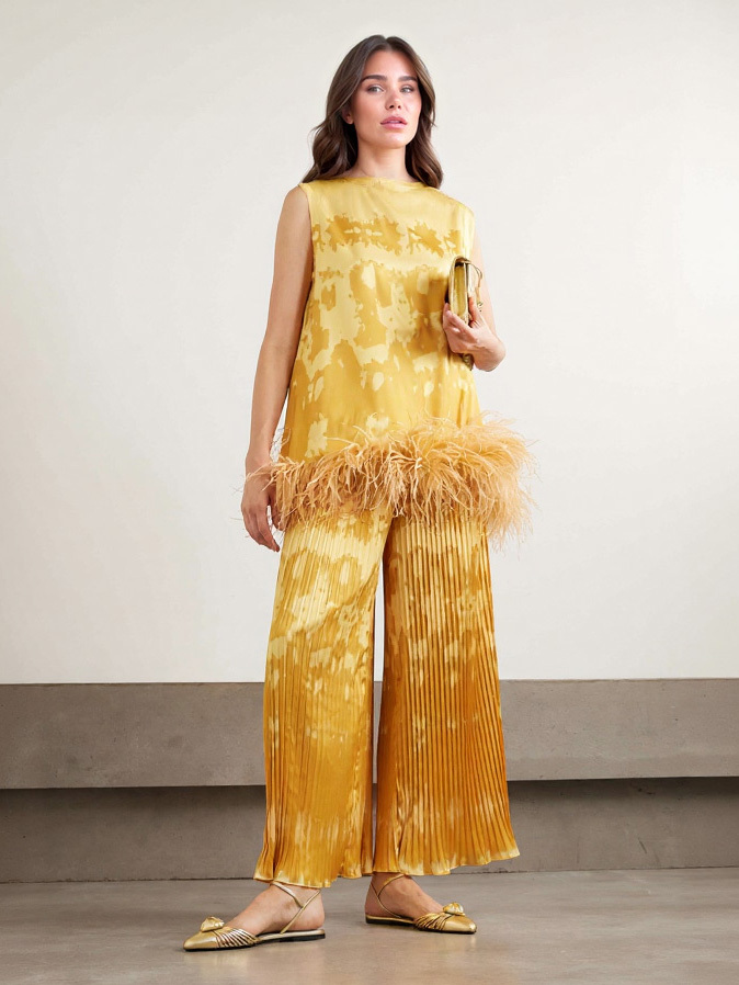 Exquisite Abstract Print Pleated Wide-Leg Pants