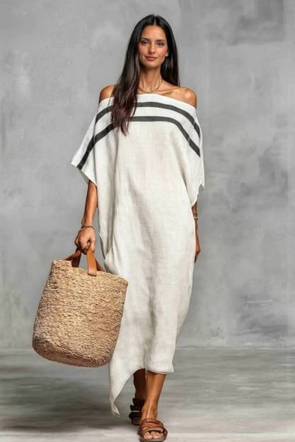 Off-Shoulder Color Contrast Loose Maxi Dress