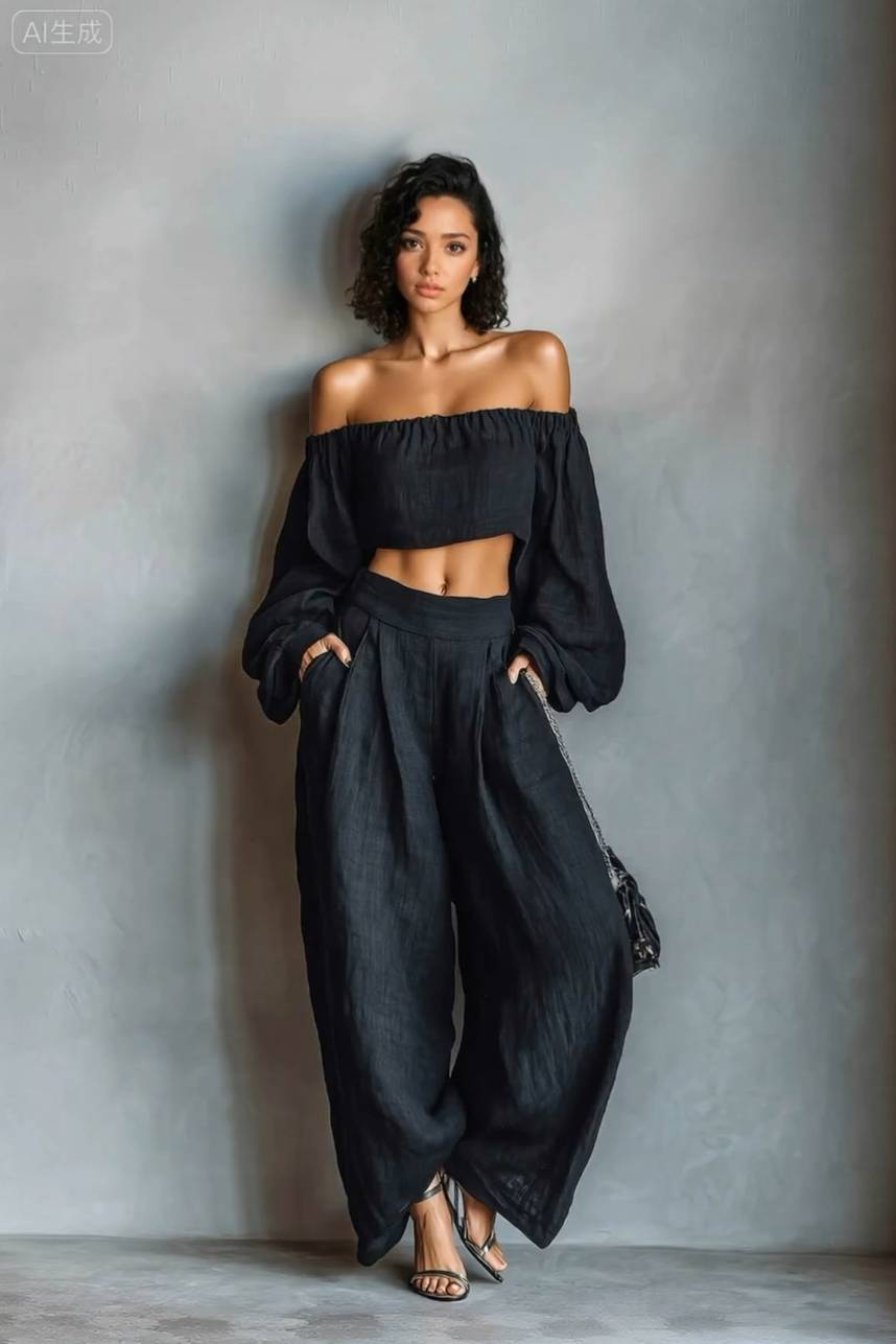 Off-Shoulder Short Top And Wide Leg Pants Set