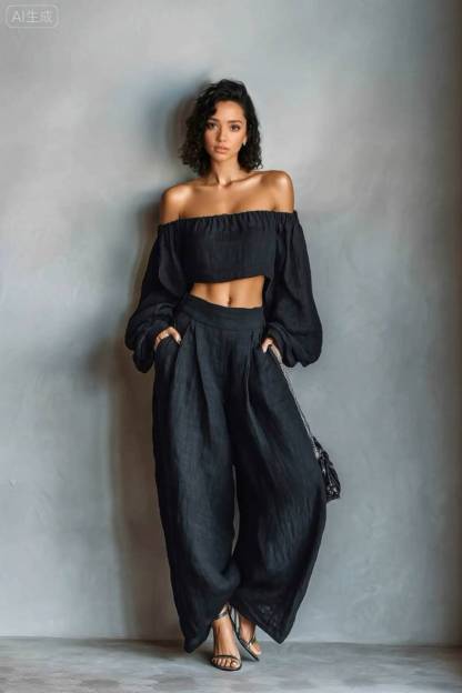 Off-Shoulder Short Top And Wide Leg Pants Set