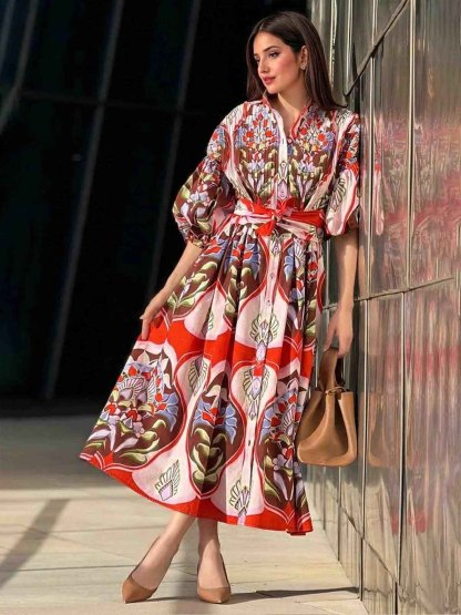 Exquisite Bohemian Print Shirt-Style Midi Dress