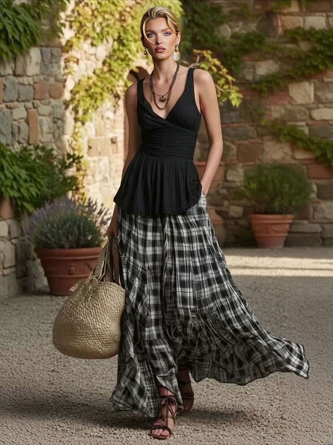 Casual Plaid Tank Top & Skirt Two-piece Set