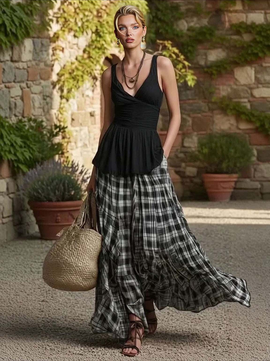 Casual Plaid Tank Top & Skirt Two-piece Set