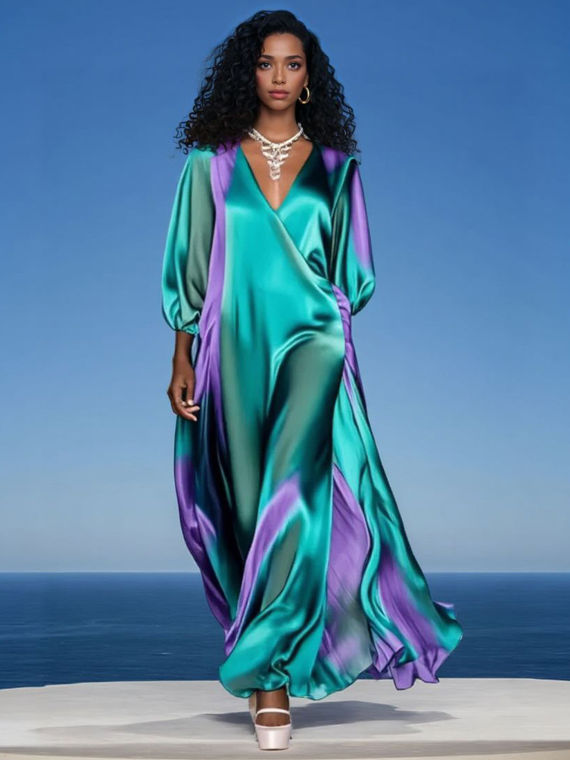 Luxury Satin Gradient V-Neck Maxi Dress