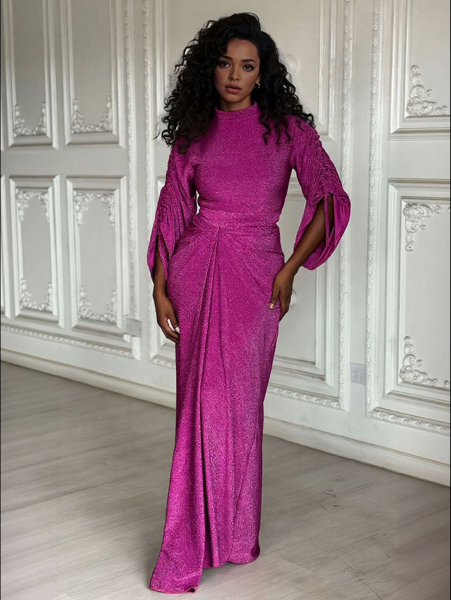 Elegant Metallic Knit Drawstring Sleeve Maxi Dress