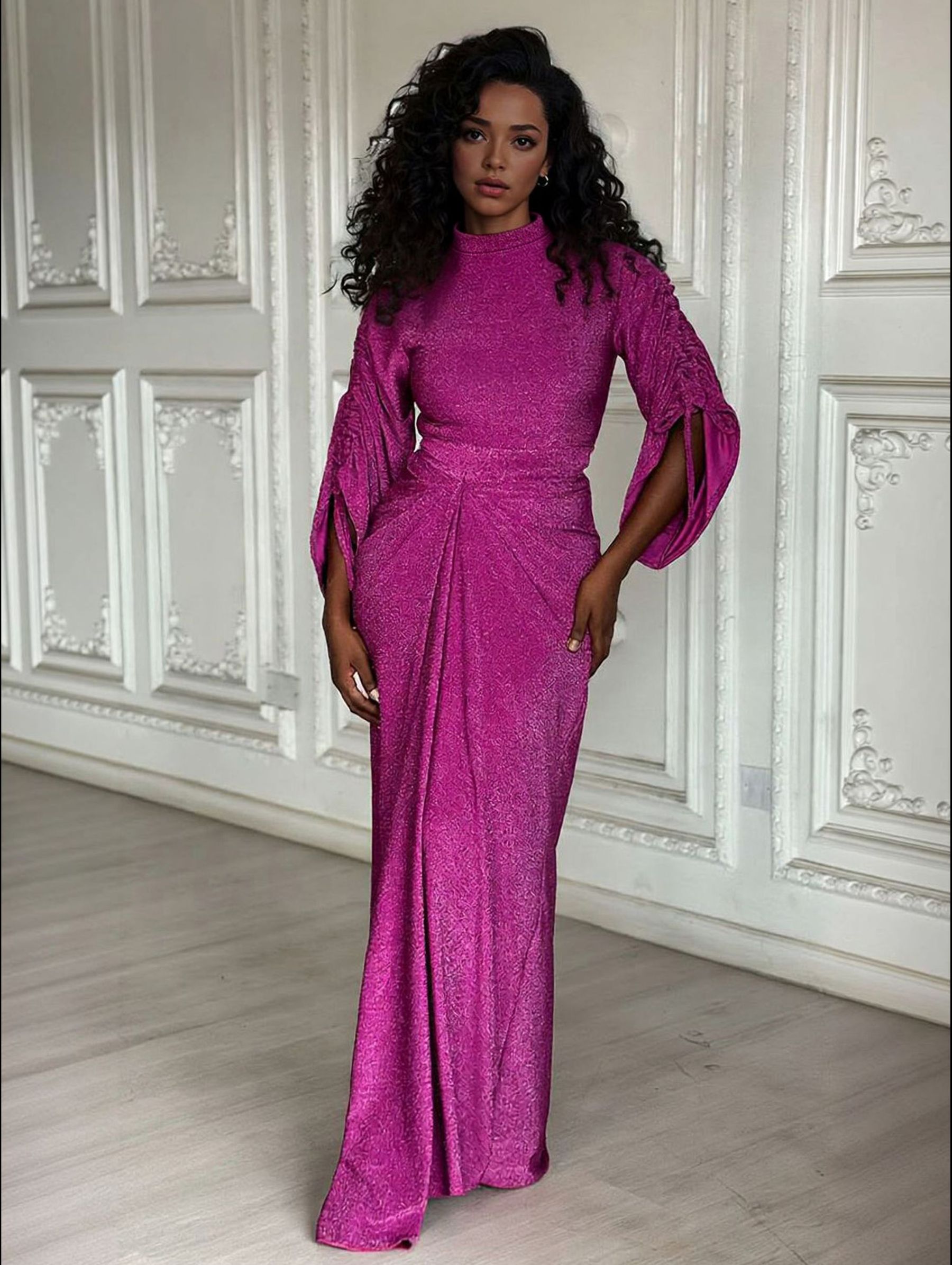 Elegant Metallic Knit Drawstring Sleeve Maxi Dress