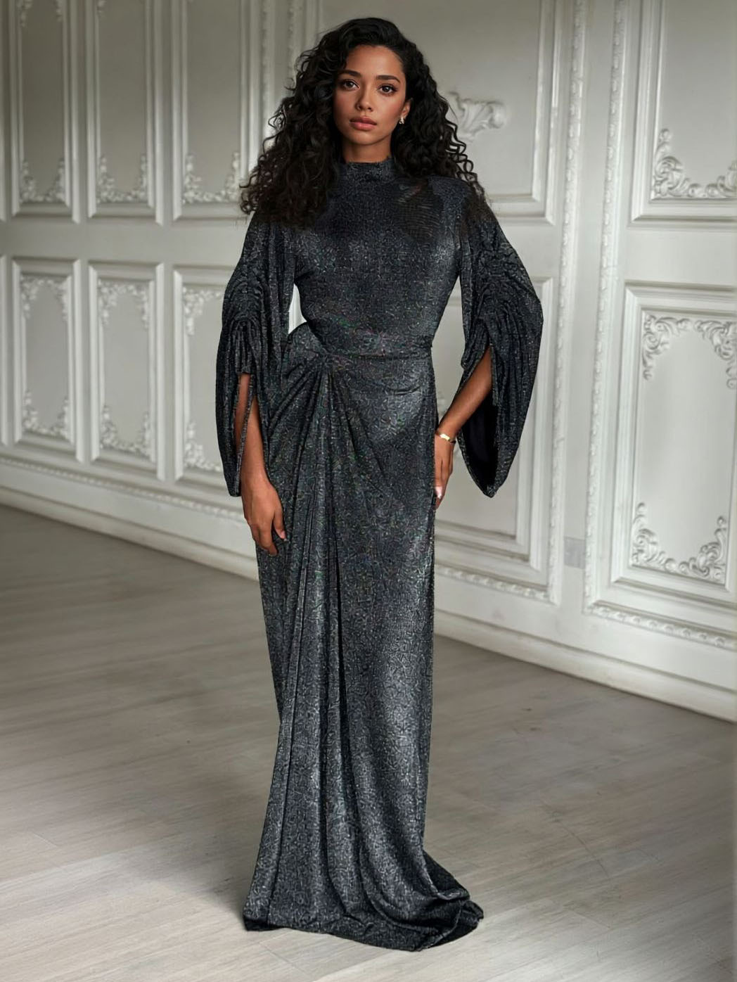 Elegant Metallic Knit Drawstring Sleeve Maxi Dress
