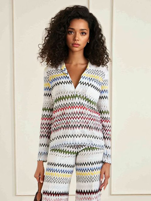 Geometric Zigzag Print Long-Sleeve Top & Wide-Leg Pants Two-Piece Set