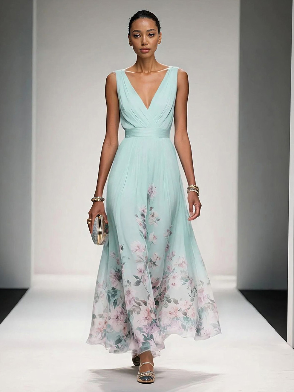 Elegant Floral Print V-neck Maxi Dress