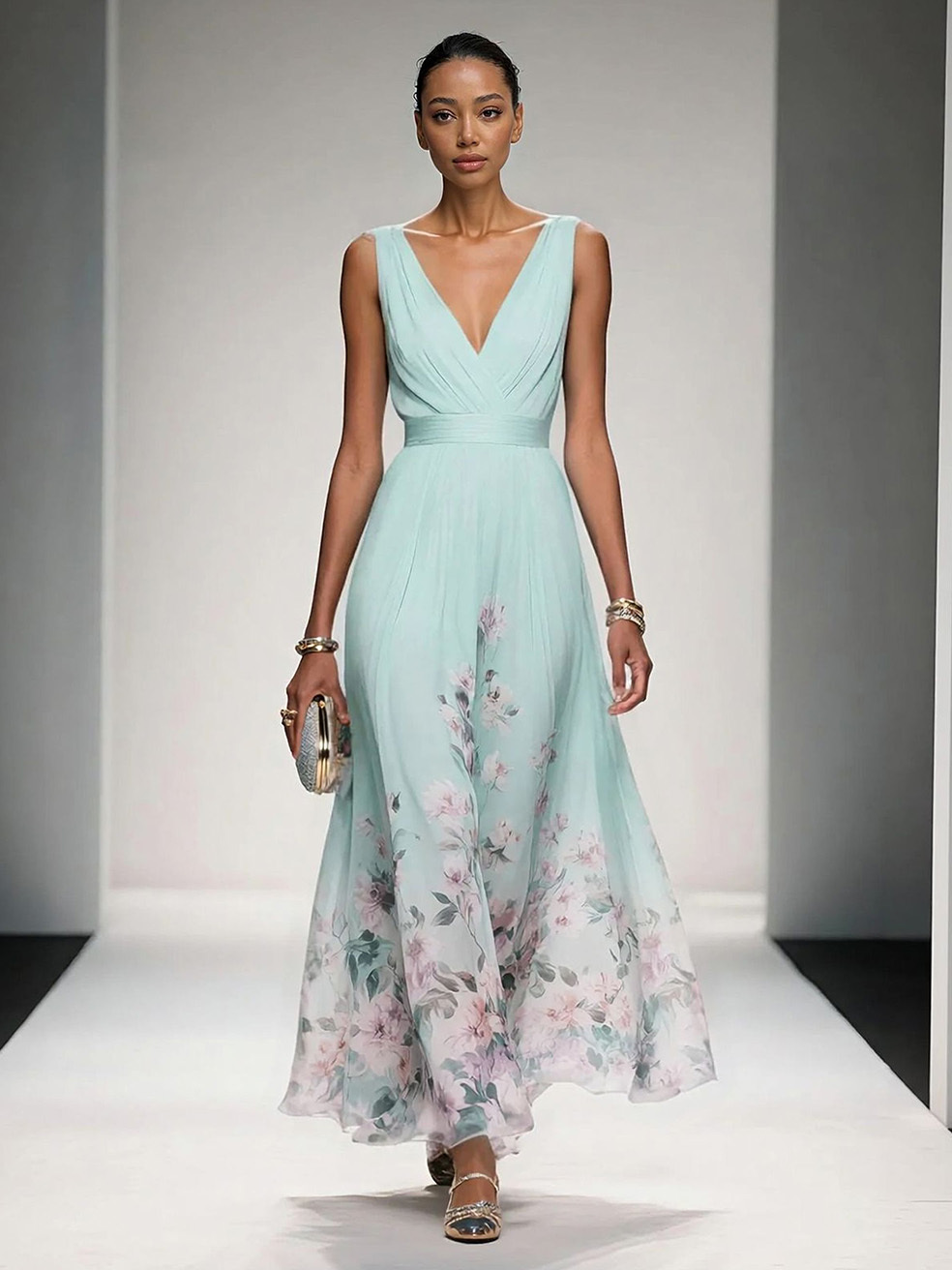 Elegant Floral Print V-neck Maxi Dress