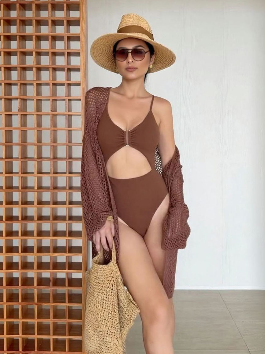 Slim-Fit Brown Cutout One-Piece Swimsuit