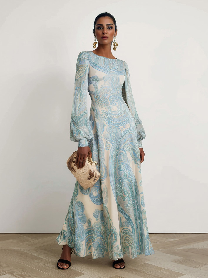 Elegant Paisley Print Chiffon Maxi Dress