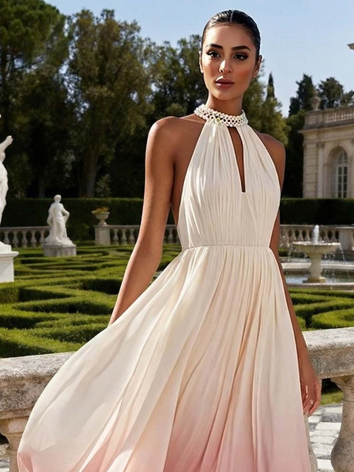 Elegant Gradient Pleated Backless Maxi Dress