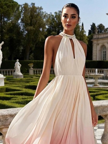 Elegant Gradient Pleated Backless Maxi Dress