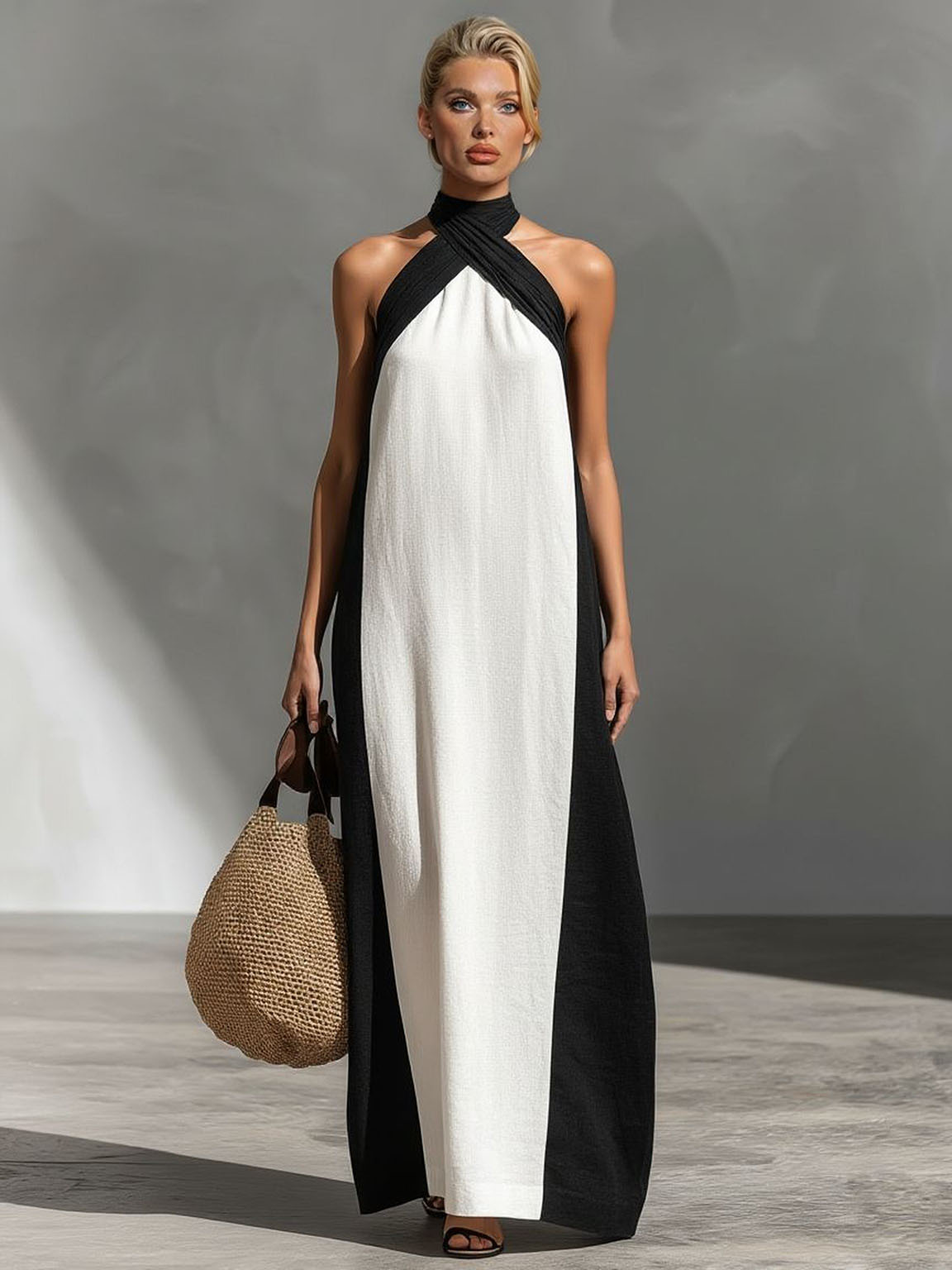 Elegant Color-Block Halter Maxi Dress