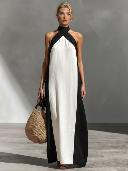 Elegant Color-Block Halter Maxi Dress