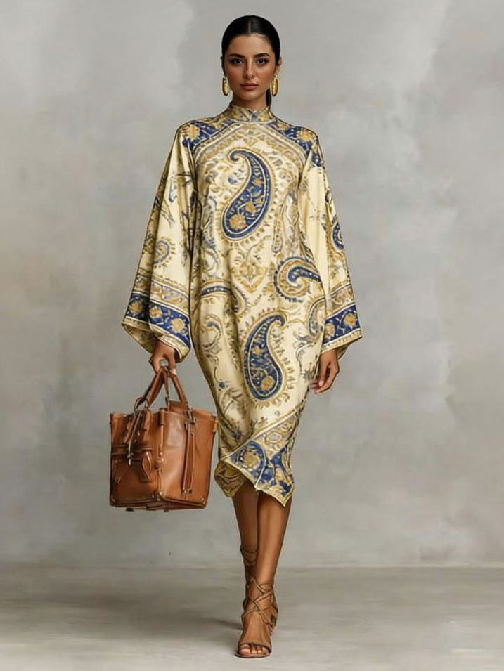 Retro Paisley Print Midi Dress