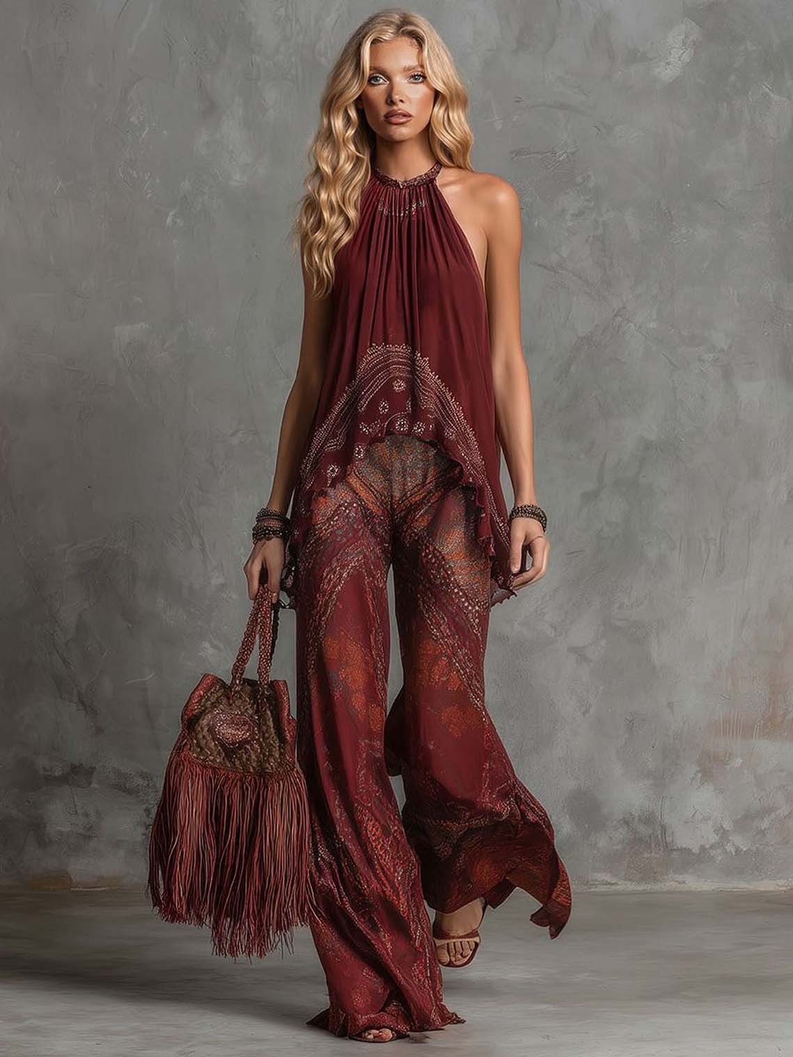 Vintage Printed Top & Pants Two-Piece Set