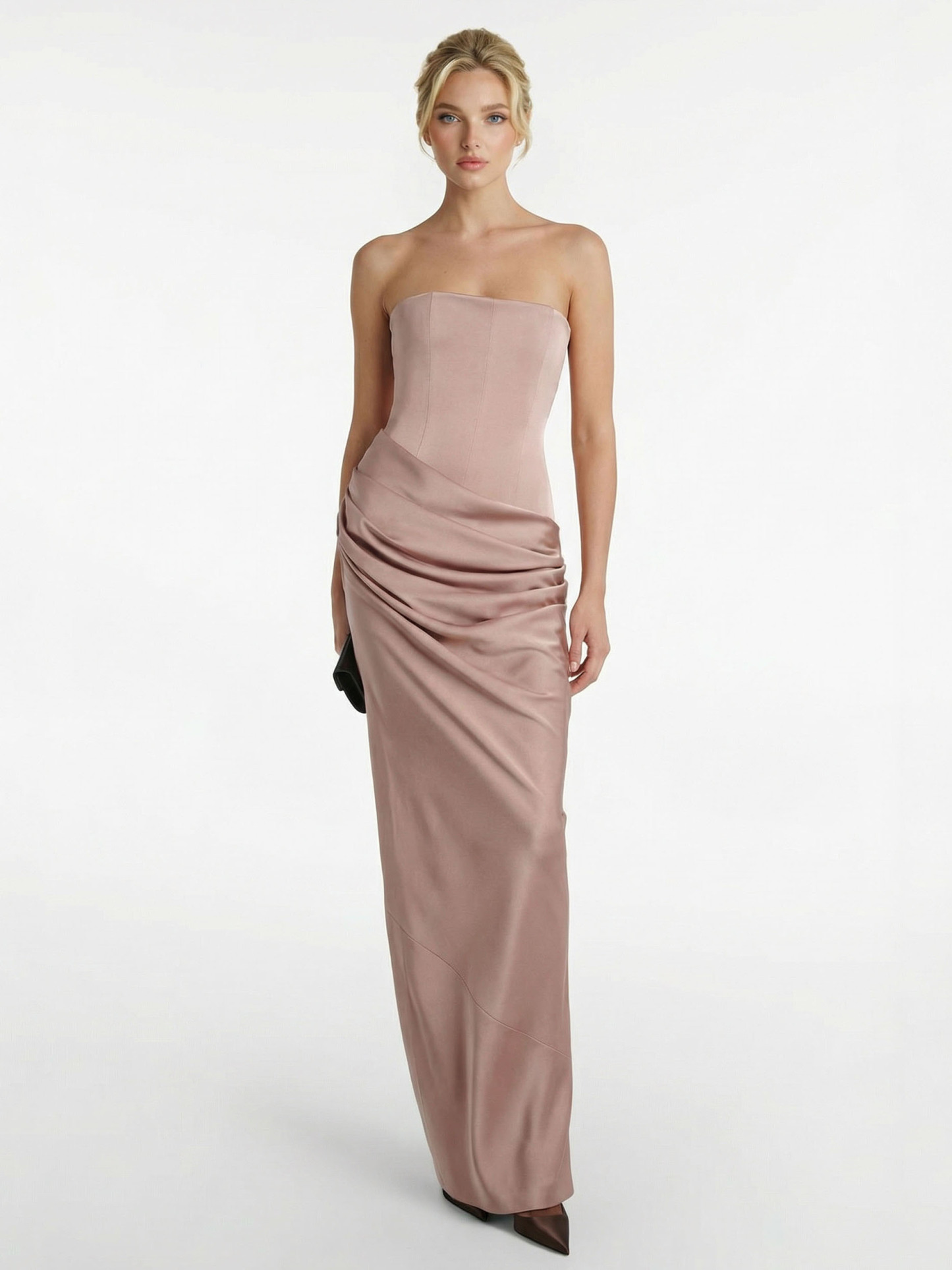 Elegant Strapless Corset Draped Satin Maxi Dress