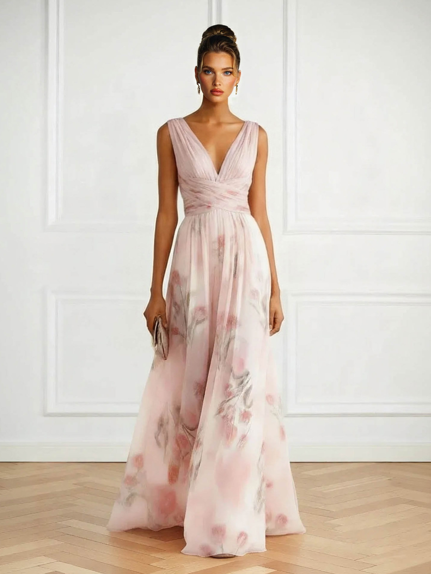 Elegant V-Neck Floral Print Tulle Maxi Dress