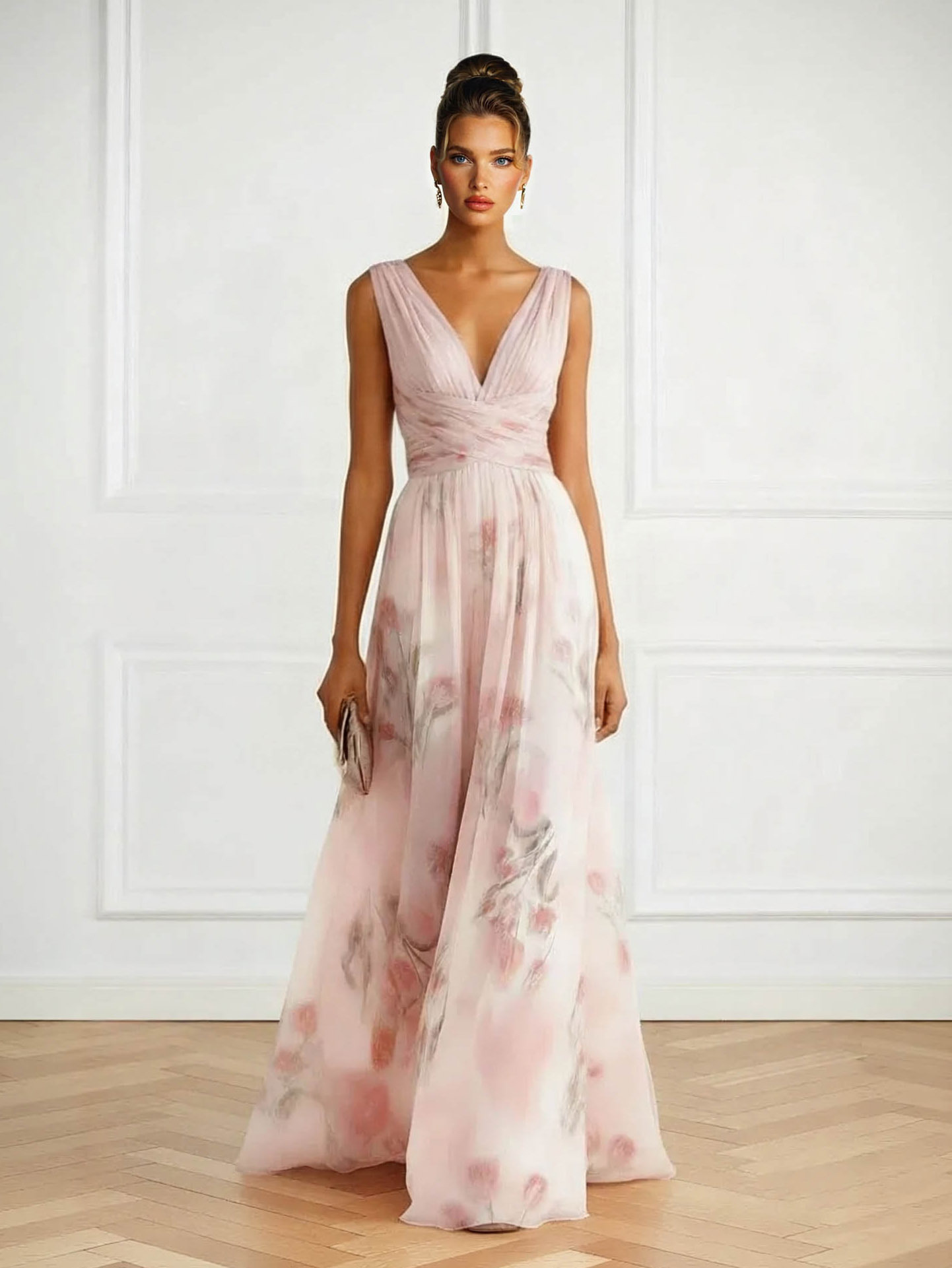 Elegant V-Neck Floral Print Tulle Maxi Dress